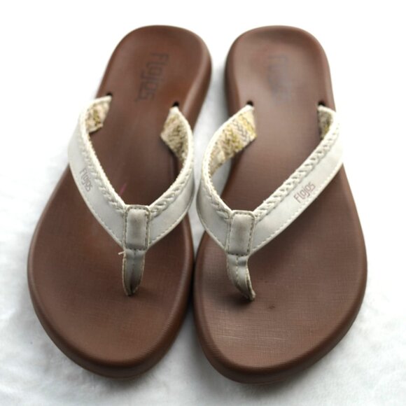 Flojos White & Tan Woven Flip Flop Sandals Size 6 Cushioned Footbed Thong Slides - Picture 2 of 8